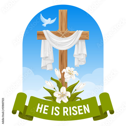 He is risen, Happy Easter greeting. Wooden cross with shroud and white lily flowers against blue sky with dove. Religious symbols of Good Friday, Palm Sunday and Easter Sunday. Vector illustration