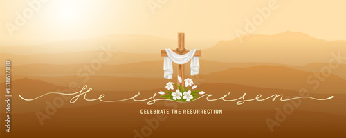 He is risen, Happy Easter greeting card. Cross with shroud and lilies on mountains silhouette background at sunset. Calligraphic text He is risen hand drawn by continuous line. Vector illustration