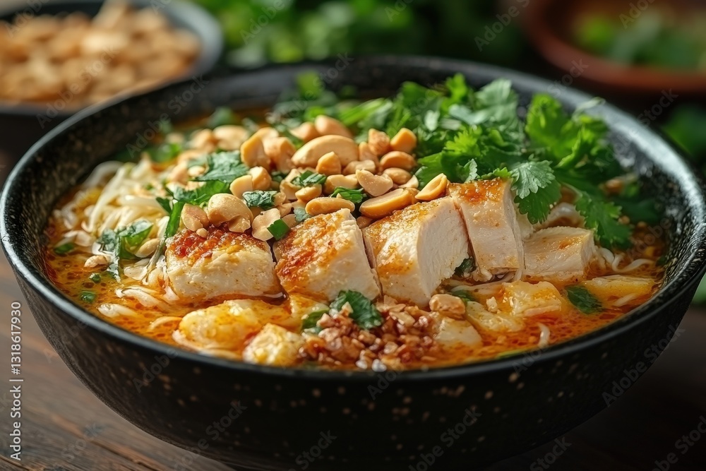Luscious, creamy orange-brown soup overflows a sleek black bowl, featuring tender chicken and vibrant veggies, inviting a taste explosion Luscious, creamy orange-brown soup overflows a sleek black bowl, featuring tender chicken and vibrant veggies, inviting a taste explosion