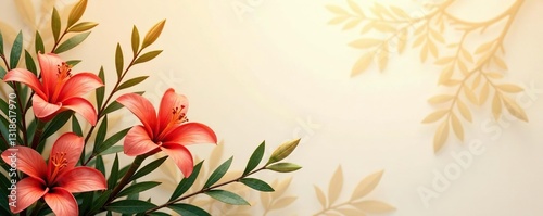 Exotic flower and leafy branches in gold hues, exotic, gold, florals