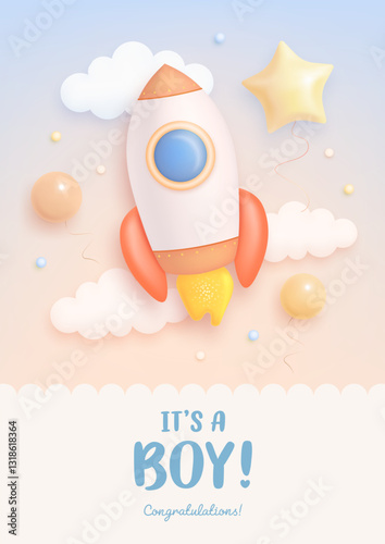 Baby shower banner, invitation, greeting card design template. Baby birth vector wallpaper with 3d cartoon rocket and clouds. It's a boy. Welcome baby billboard. Arrival background