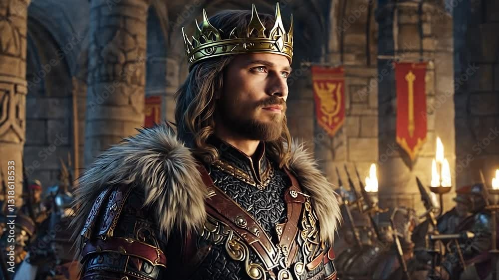 Merovingian king standing in a dimly lit medieval castle, wearing a fur-lined royal cloak and a golden crown, exuding power and nobility. Merovingian king standing in a dimly lit medieval castle, wearing a fur-lined royal cloak and a golden crown, exuding power and nobility.