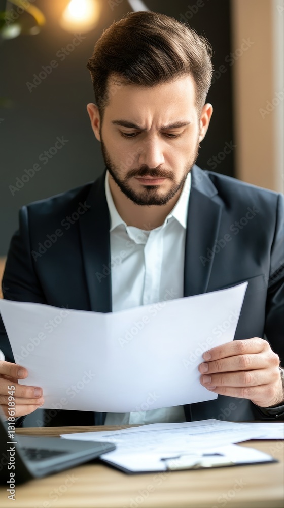 Confident agent presenting car insurance policy overview while reading a letter in a professional office setting Confident agent presenting car insurance policy overview while reading a letter in a professional office setting