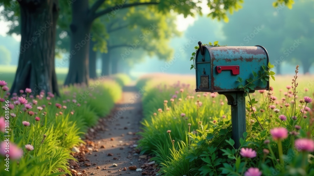 Rustic mailbox nestled amidst vibrant wildflowers lining a sunlit path, evoking a sense of peaceful serenity and gentle nostalgia. Rustic mailbox nestled amidst vibrant wildflowers lining a sunlit path, evoking a sense of peaceful serenity and gentle nostalgia.