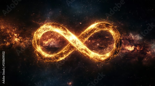 Infinity in the Cosmos: An infinite loop, crafted from fire, glows brightly against the backdrop of a star-filled galaxy, symbolizing endless possibilities and the vastness of the universe.