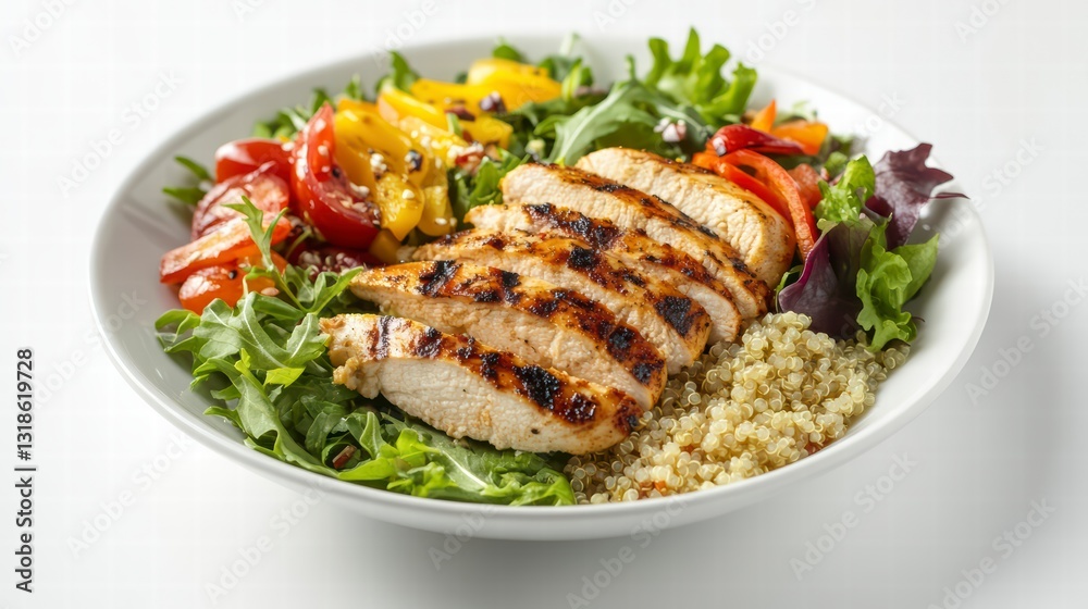 Grilled Chicken Salad: A vibrant and healthy salad with grilled chicken breast, colorful vegetables, fresh greens, and grains. Capturing the freshness and deliciousness of a nutritious meal. Grilled Chicken Salad: A vibrant and healthy salad with grilled chicken breast, colorful vegetables, fresh greens, and grains. Capturing the freshness and deliciousness of a nutritious meal.