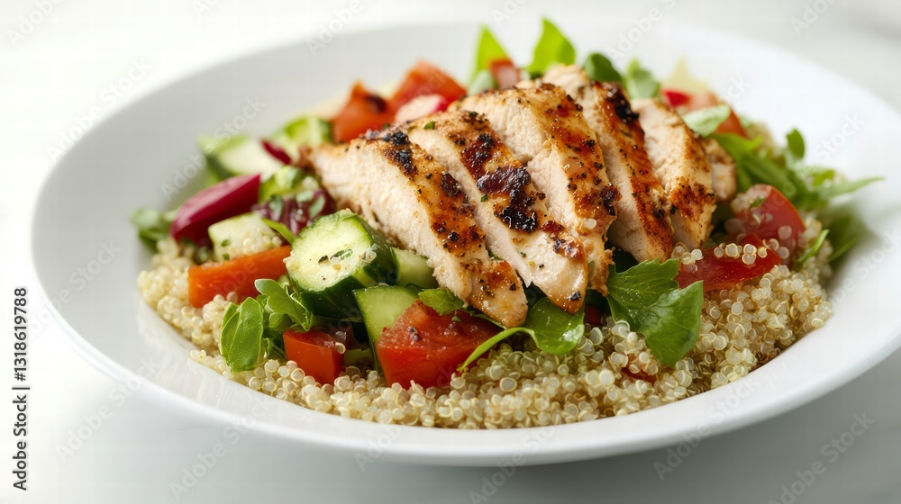 Grilled Chicken and Quinoa Salad: a close-up image of a healthy and delicious grilled chicken and quinoa salad, with vibrant vegetables such as tomatoes and cucumbers arranged artfully in a bowl. Grilled Chicken and Quinoa Salad: a close-up image of a healthy and delicious grilled chicken and quinoa salad, with vibrant vegetables such as tomatoes and cucumbers arranged artfully in a bowl.