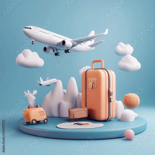 3d illustration of travel concept with suitcase, airplane, plane and clouds