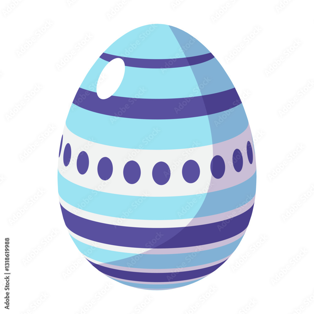 Easter egg with blue and purple stripes, adorned with a white oval accent and a row of dark blue dots, set against a white background Easter egg with blue and purple stripes, adorned with a white oval accent and a row of dark blue dots, set against a white background