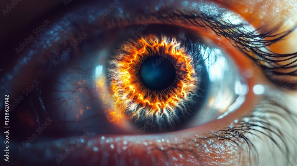 Obraz premium Fiery Gaze: A mesmerizing close-up shot of a human eye, with the iris transformed into a radiant display of flames, evoking intense emotions and a sense of mystery.