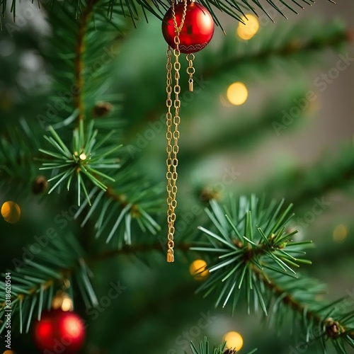 Dainty gold chain hangs from the top of a Christmas tree, tree, holiday photo