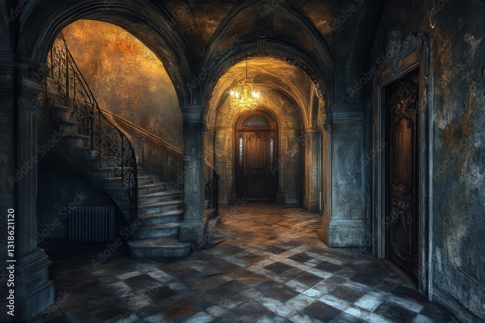 Fototapeta premium Mysterious hallway with a vintage staircase and ornate doors in an old mansion