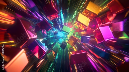 Chromatic Cube Tunnel: Dive into a kaleidoscopic tunnel of shimmering, multi-colored cubes radiating a vibrant energy