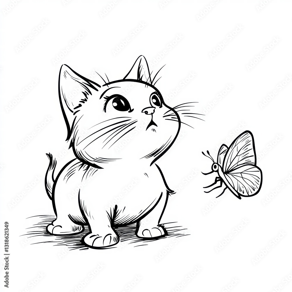 Obraz premium Curious Kitten and Butterfly: A charming illustration of a kitten gazing up at a fluttering butterfly, capturing the innocent wonder and playfulness of youth