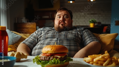 Fat man eating fast food hamberger. Breakfast for overweight person. Junk meal leads to obesity. Person regularly overeats concept on black background.