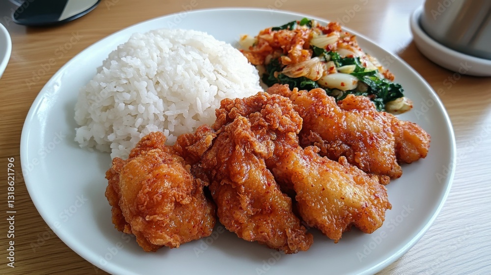 A traditional Korean meal featuring a plate of crispy fried chicken with white rice and kimchi on the side. A traditional Korean meal featuring a plate of crispy fried chicken with white rice and kimchi on the side.