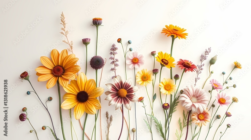 Fototapeta premium Floral Fantasy: An array of vibrant, diverse flowers, a symphony of colors creating a visually rich arrangement.