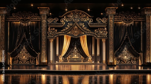 Elegant Gold and Black Stage Design with Luxurious Curtains Detail