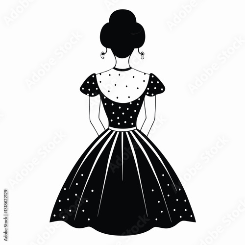 A black and white line art illustration of a young girl in an elegant vintage dress, viewed from the back, 