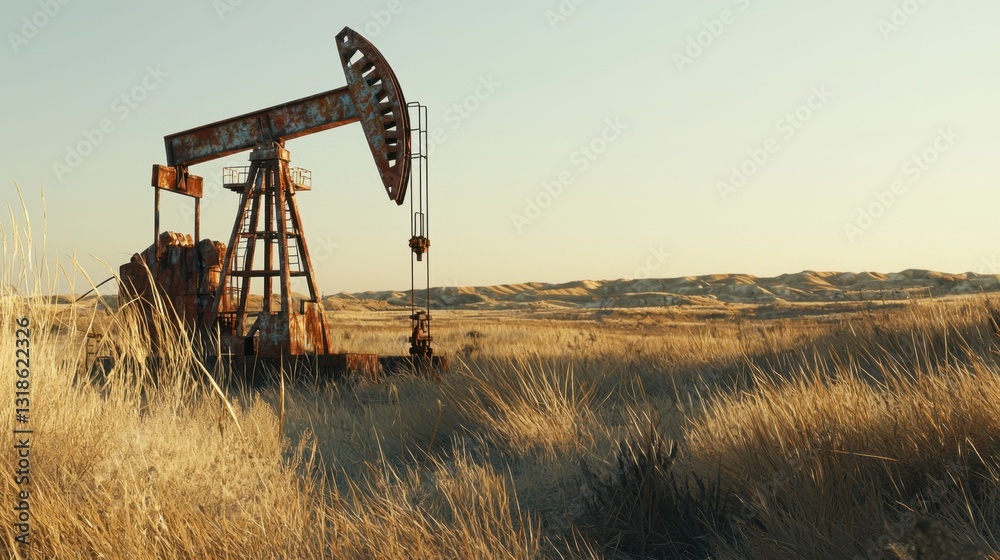 An old pumpjack stands amidst tall golden grass in a vast rural landscape. The clear sky and soft evening light create a tranquil atmosphere in this oil production site An old pumpjack stands amidst tall golden grass in a vast rural landscape. The clear sky and soft evening light create a tranquil atmosphere in this oil production site