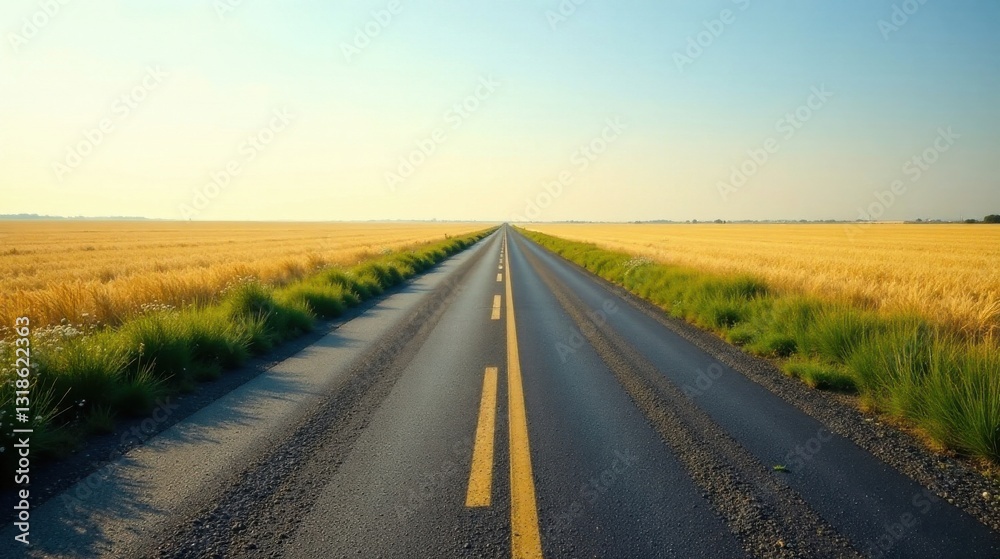 Fototapeta premium Asphalt ribbon stretching towards a golden horizon, bordered by vibrant roadside vegetation, under a tranquil sky.