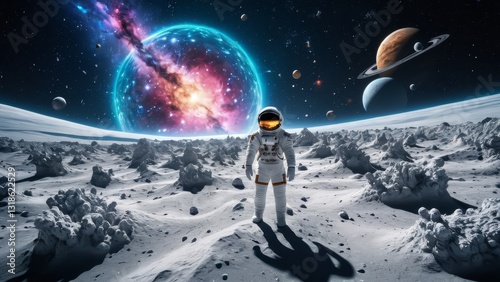 Futuristic astronaut exploring moon surface with planets and galaxy visible in the distance. Perfect for space mission, intergalactic journey, and space discovery visuals.