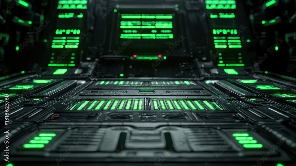 Futuristic control panel with green lights and monitors Futuristic control panel with green lights and monitors
