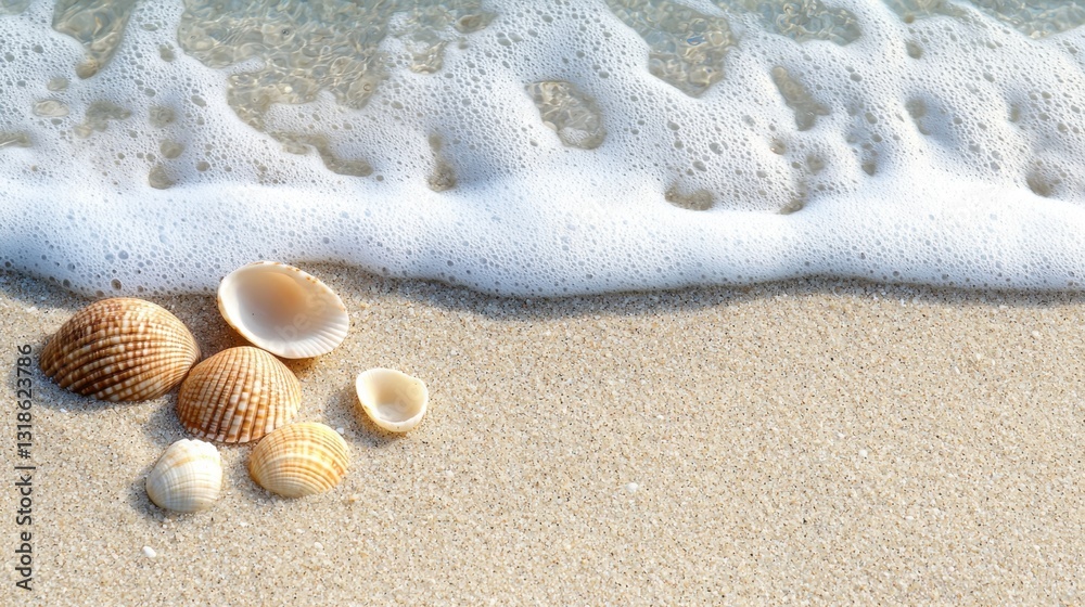 Various seashells lay scattered on a sandy beach while soft waves roll in, creating a tranquil and serene atmosphere under bright sunlight Various seashells lay scattered on a sandy beach while soft waves roll in, creating a tranquil and serene atmosphere under bright sunlight