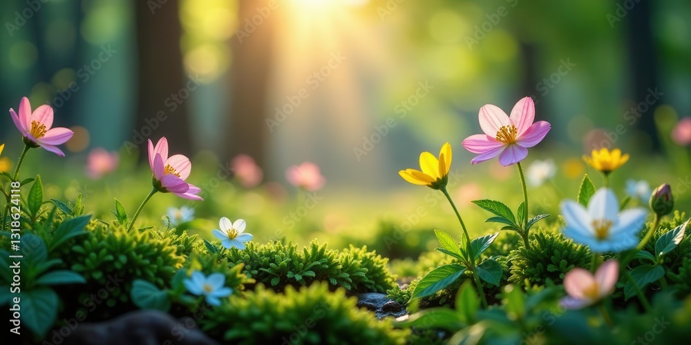 Fototapeta premium A vibrant meadow bathed in the golden light of dawn, showcasing delicate wildflowers in various colors and textures, a serene and picturesque scene of springtime beauty