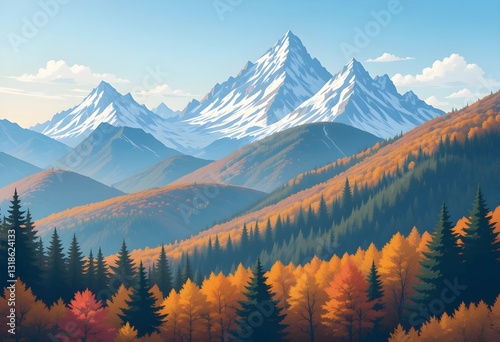 Vector illustration of a stunning autumn mountain landscape featuring snowy mountains, colorful fall forests, and a peaceful travel concept, ideal for prints, flyers, and backgrounds.