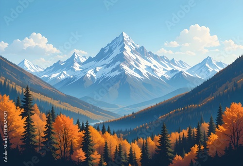 Vector illustration of a stunning autumn mountain landscape featuring snowy mountains, colorful fall forests, and a peaceful travel concept, ideal for prints, flyers, and backgrounds.