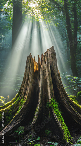 Ancient tree stump moss covered jagged splintered wood sunlit forest serene nature scene lush greenery mysterious woodland atmosphere detailed textured bark overgrown roots landscape organic beauty