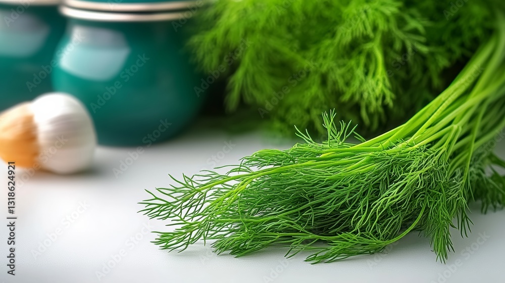 Fototapeta premium Bunch of fresh green dill is sitting on a table next to a jar of garlic. The garlic is in a green jar with a lid, and the dill is in a bunch with its stems still attached. The table is white