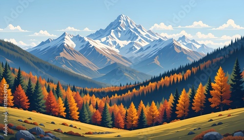 Vector illustration of a stunning autumn mountain landscape featuring snowy mountains, colorful fall forests, and a peaceful travel concept, ideal for prints, flyers, and backgrounds.