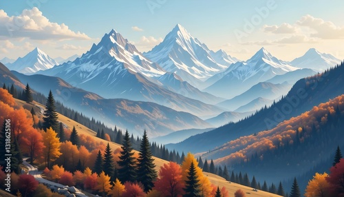 Vector illustration of a stunning autumn mountain landscape featuring snowy mountains, colorful fall forests, and a peaceful travel concept, ideal for prints, flyers, and backgrounds.
