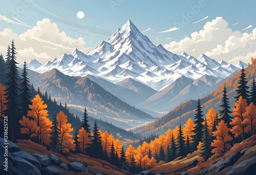 Vector illustration of a stunning autumn mountain landscape featuring snowy mountains, colorful fall forests, and a peaceful travel concept, ideal for prints, flyers, and backgrounds.