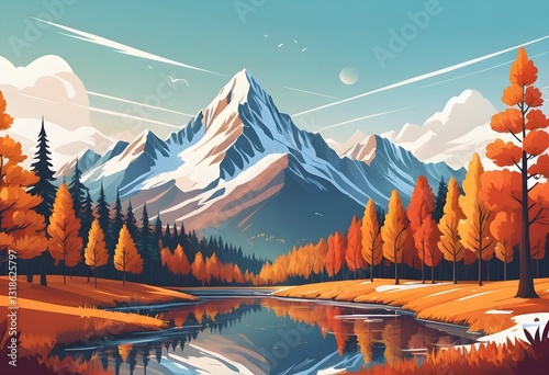 Vector illustration of a stunning autumn mountain landscape featuring snowy mountains, colorful fall forests, and a peaceful travel concept, ideal for prints, flyers, and backgrounds.