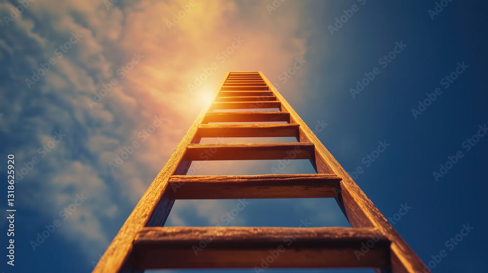 A tall ladder reaching toward a bright sky filled with golden light symbolizes career advancement and business growth. A tall ladder reaching toward a bright sky filled with golden light symbolizes career advancement and business growth.
