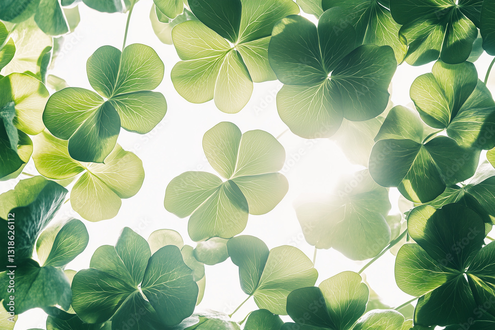Fototapeta premium Festive Green Background with Shamrocks for St. Patrick's Day Celebration or Design Project Featuring Lush Foliage Elements and Vibrant Greenery