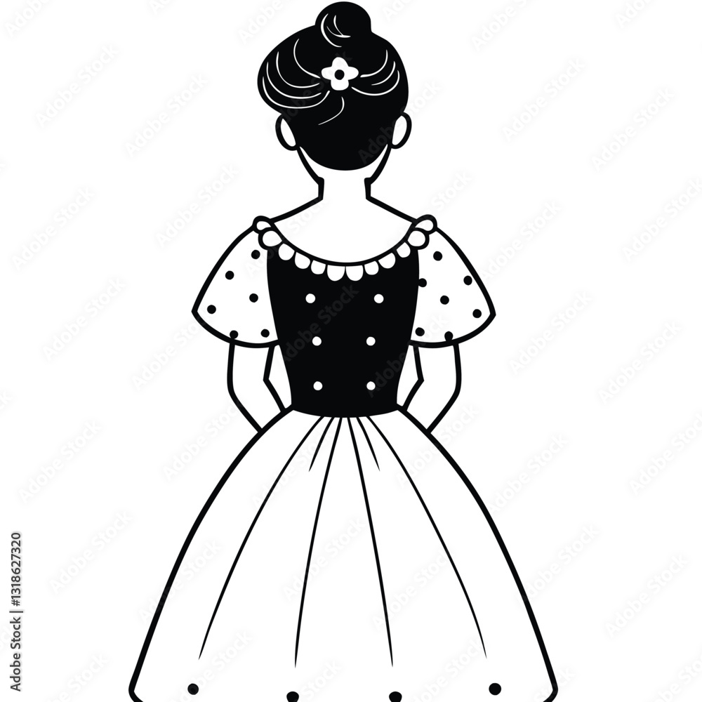 Fototapeta premium A black and white line art illustration of a young girl in an elegant vintage dress, viewed from the back, 