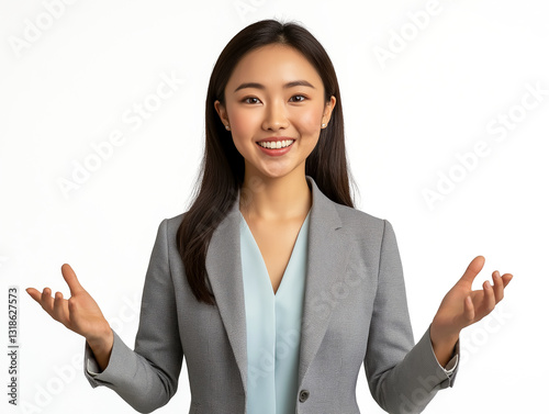 A confident Asian businesswoman wearing a smart grey blazer and light blue blouse, arms gesturing as if giving a presentation, isolated on a white background