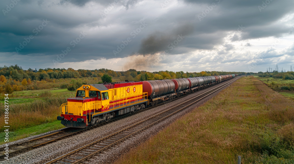 Yellow freight train with tanker cars on rural railway track under cloudy sky Yellow freight train with tanker cars on rural railway track under cloudy sky