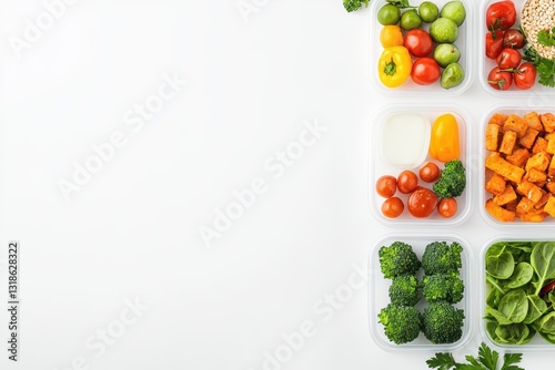 Flat Lay of Colorful Meal Prep Containers with Balanced Ingredients and Fresh Vegetables