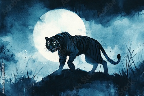 Majestic silhouette of a tiger under a glowing full moon in a serene landscape at night