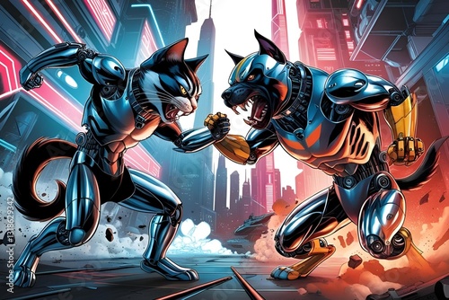 Cyborg cat fight with cyborg dog