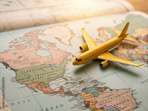 Yellow toy airplane on antique world map