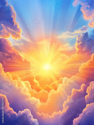 Radiant sunrise over dreamy clouds stunning cloudscape illustrations backgrounds nature digital art vibrant uplifting