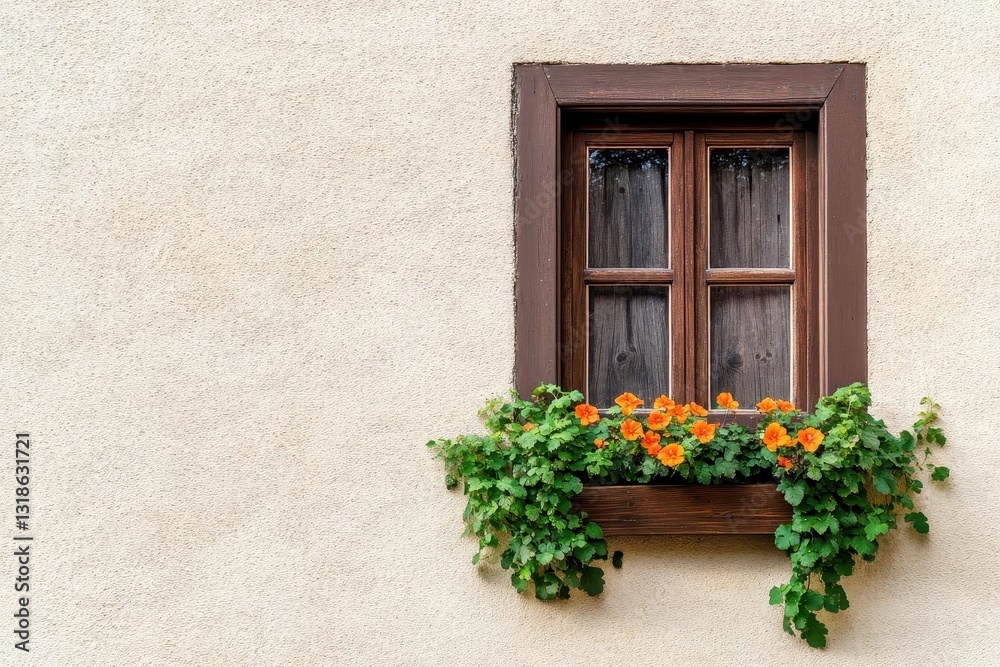 Photo of an old wooden window with brown frames on the side wall, surrounded by green vines and orange flowers in flower boxes, against a beige stucco exterior wall Photo of an old wooden window with brown frames on the side wall, surrounded by green vines and orange flowers in flower boxes, against a beige stucco exterior wall
