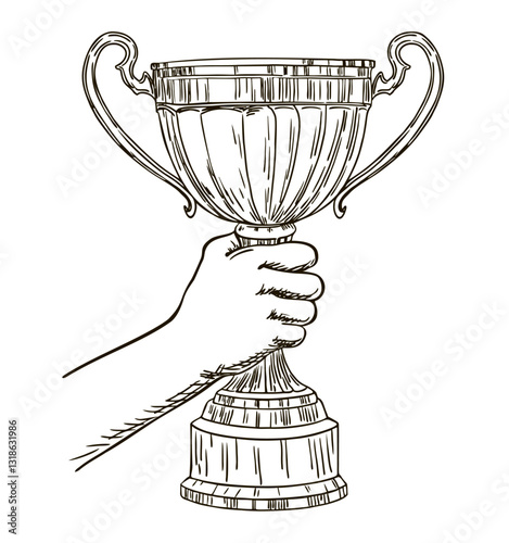 Winner prize goblet sketch. First place champion trophy reward. Hand holding gold trophy cup. Success and achievements concept with award cup