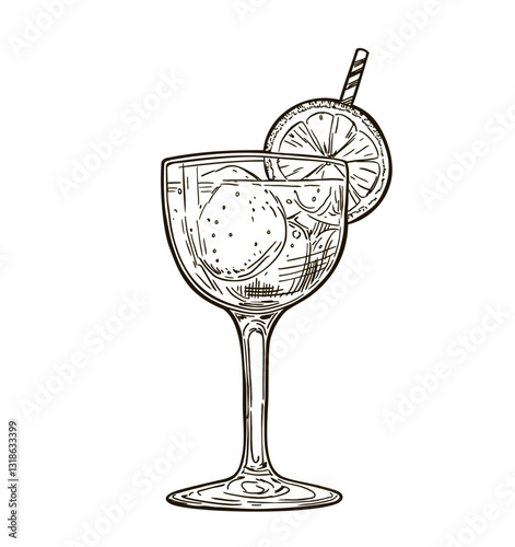Сocktail or mocktail, hand drawn retro illustration. A drink in a glass with a high stem. Alcoholic or non-alcoholic cocktail. For bar menu design, vintage sketch
